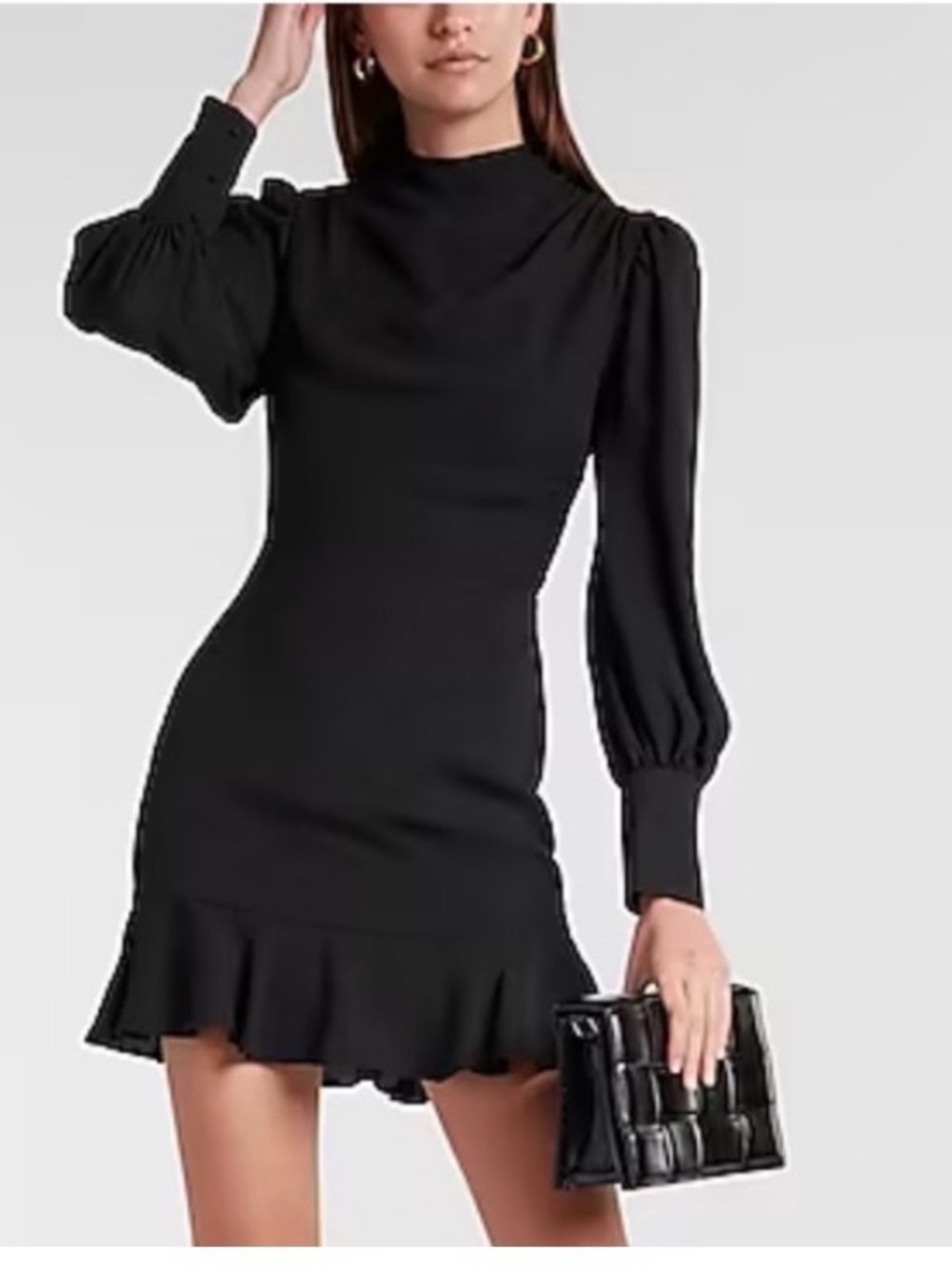 Express Draped Mock Neck Black Ruffle-Hem Mini Dress Size XL EUC